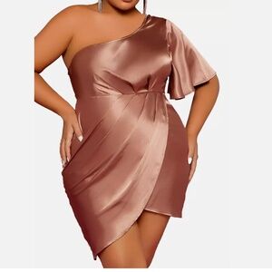 Womens Plus 1XL One Shoulder Ruched Wrap Hem Satin Dress